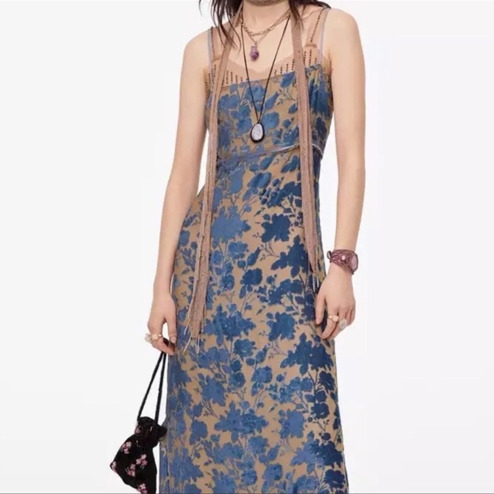 Boho Blue+Beige Velvet Inlay Adjustable Midi Dress